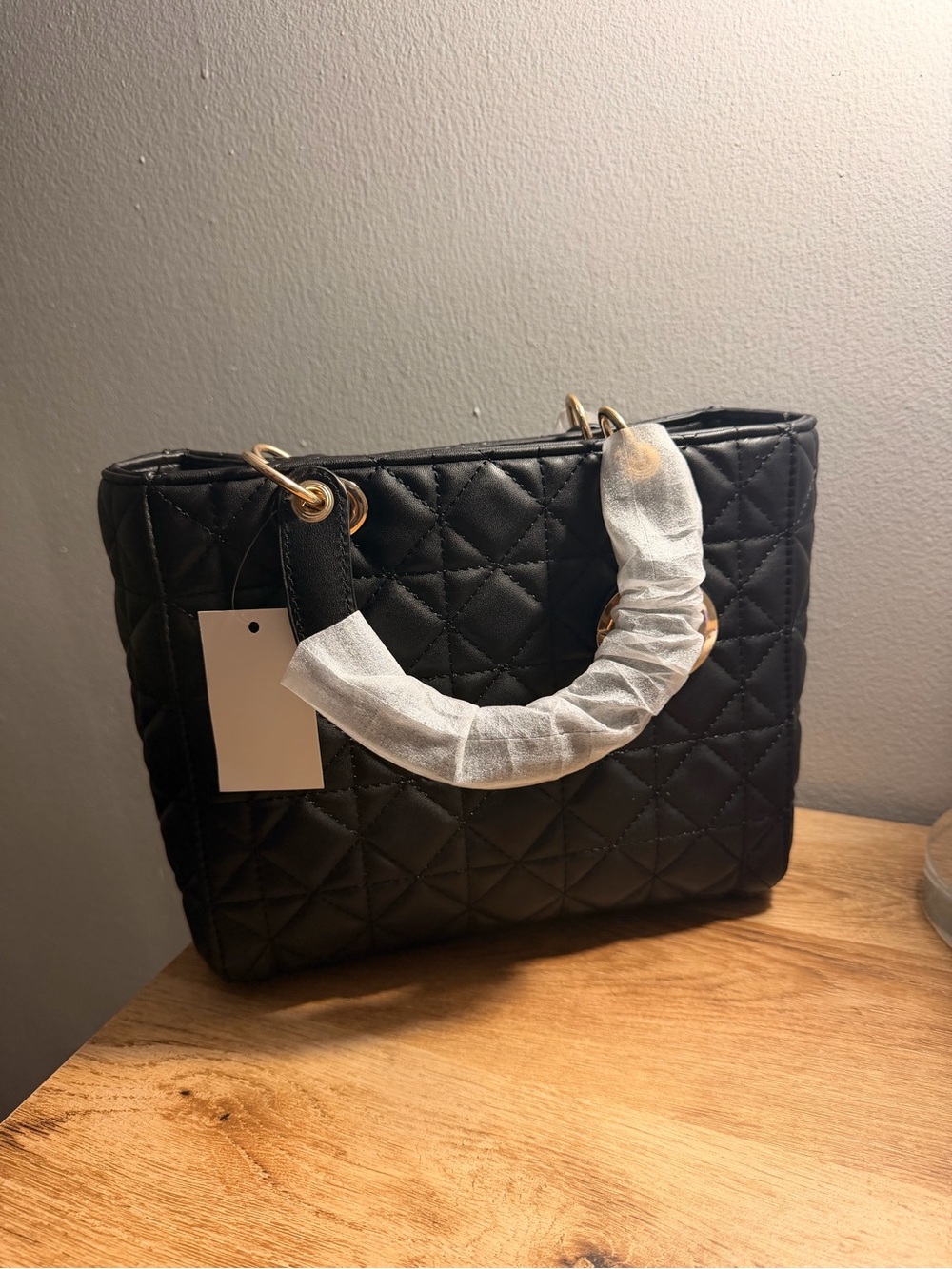Structured Quilted Black Satchel with Gold Hardware